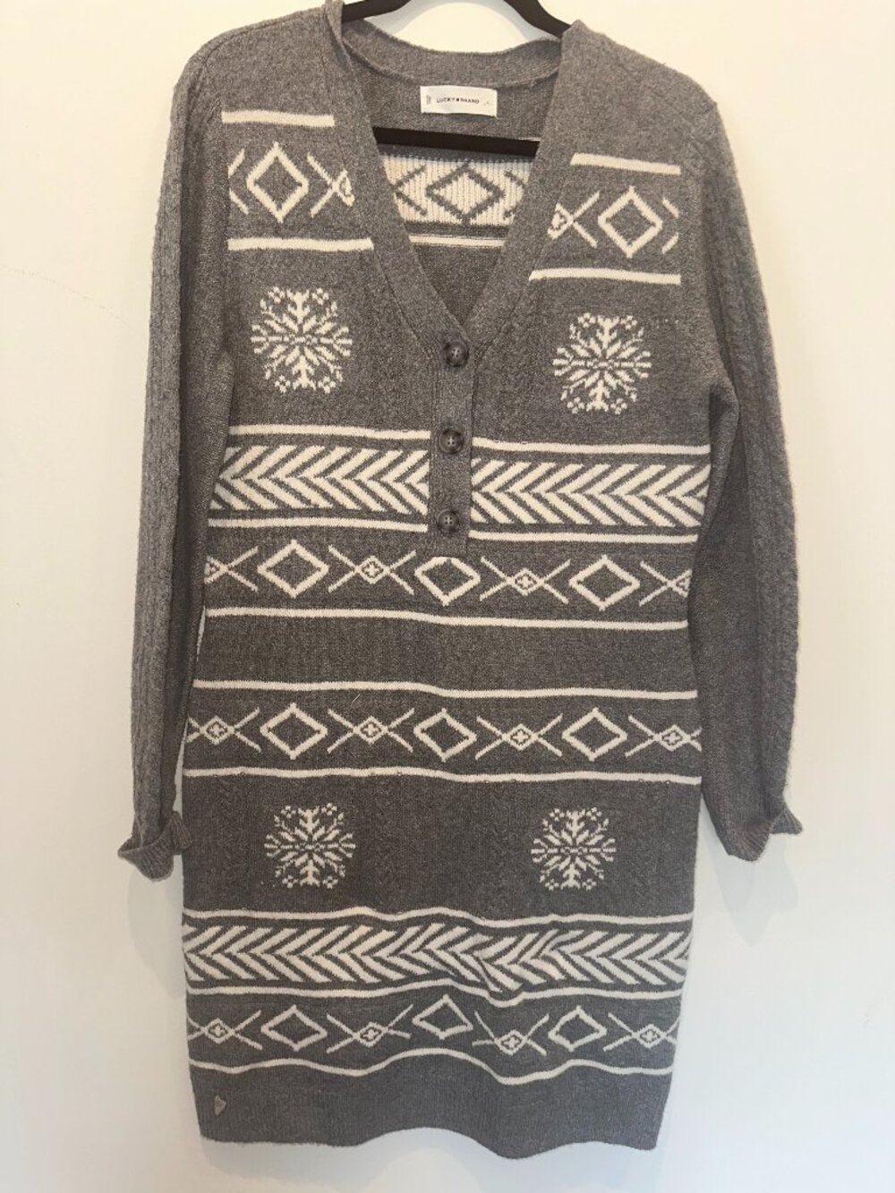Lucky Brand Women's Gray & White Fair Isle Knit Cardigan Dress